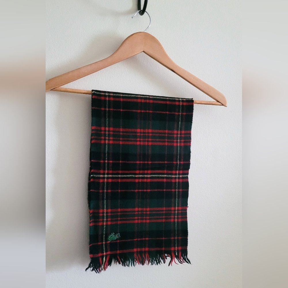 Vintage Izod for Lacoste Classic Plaid Short Fringed Scarf, Red, Green & Yellow